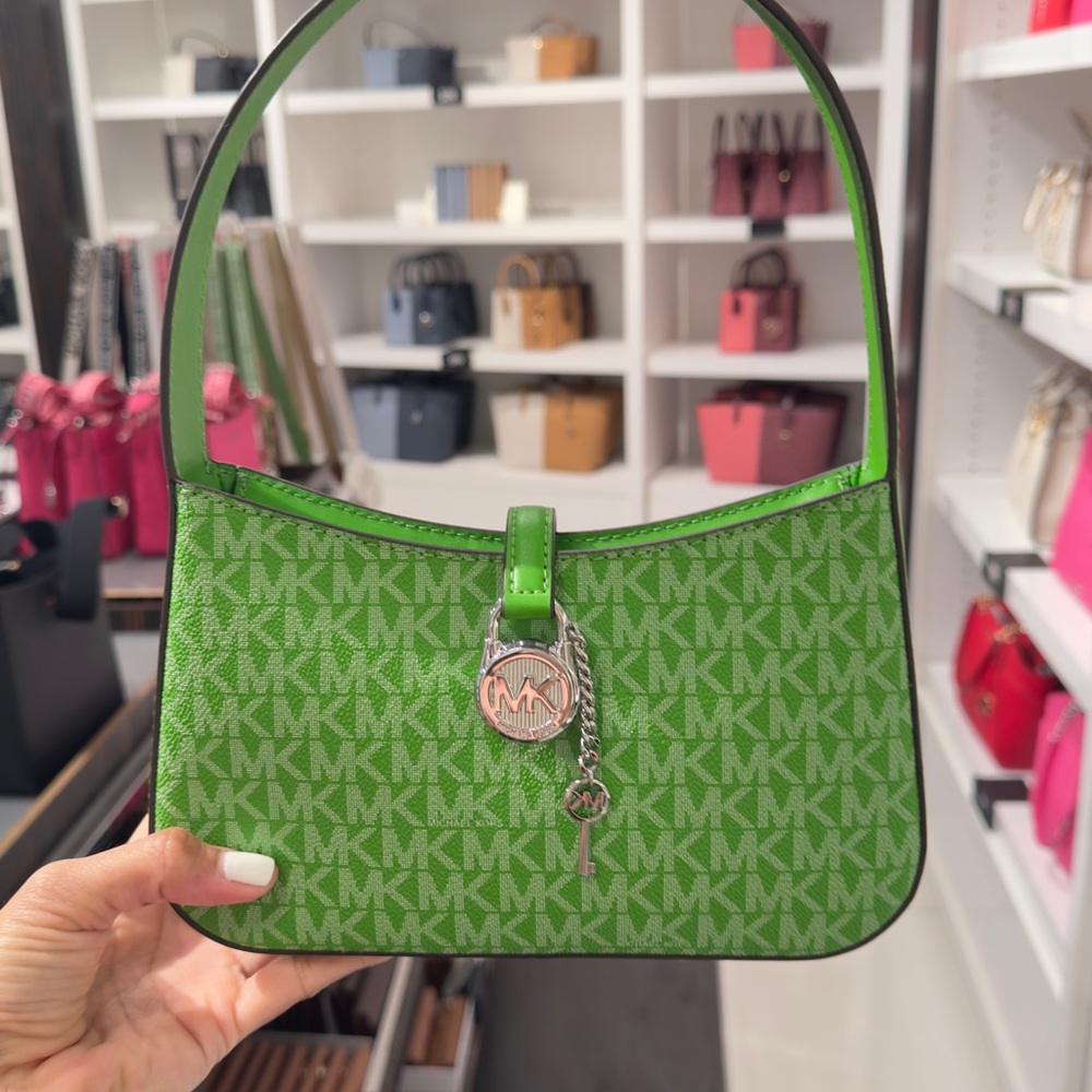 Michael Kors Green Monogram Shoulder Bag with Gold Charm